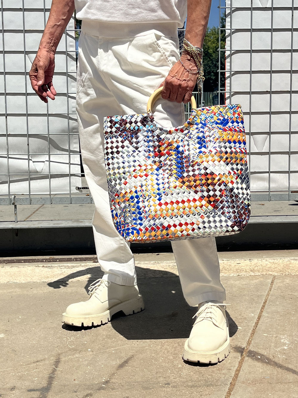 Upcycled Woven Bag with Bamboo Handle - Large (Assorted Colors)