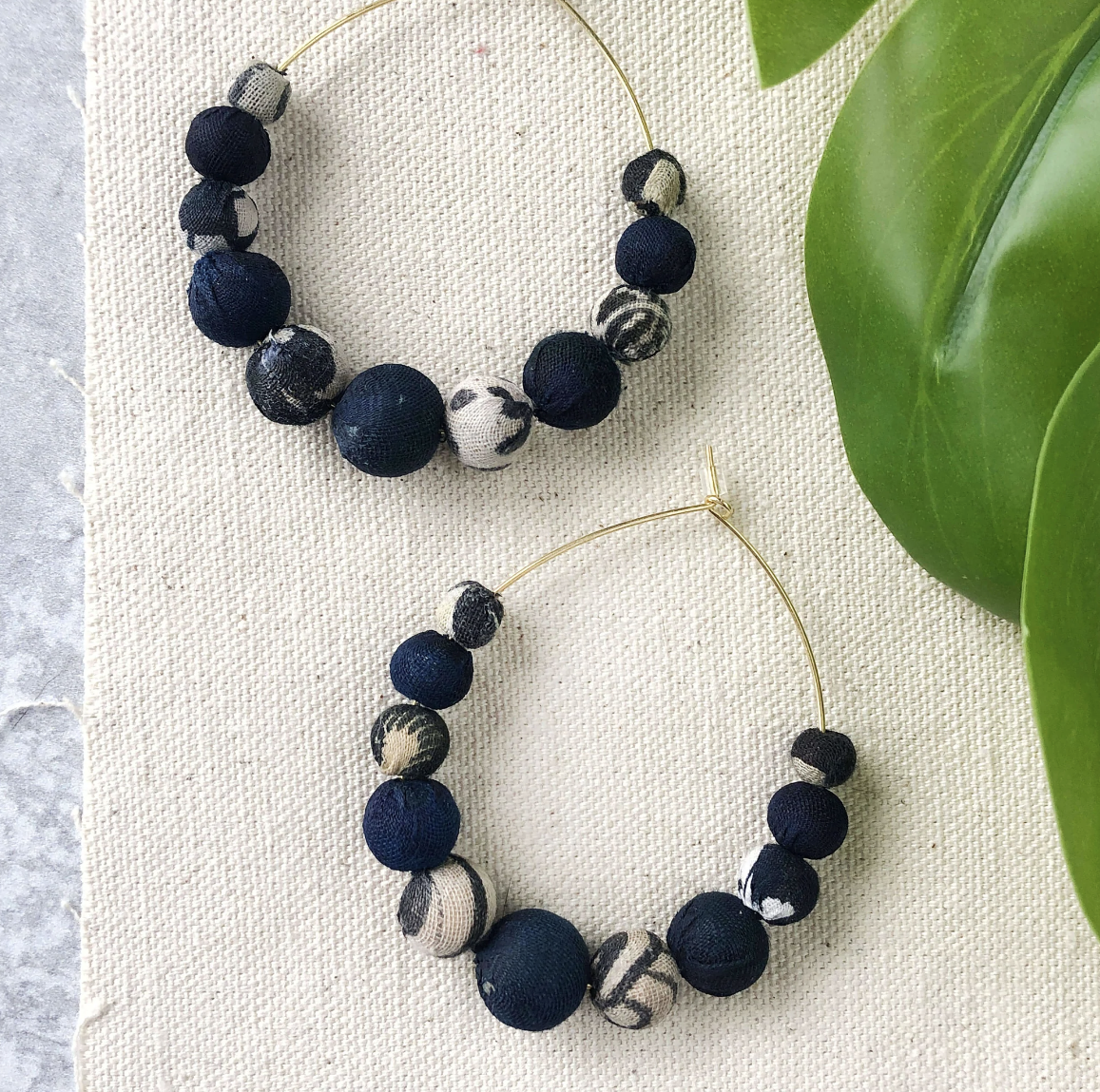 Graduated Hoop Kantha Earrings - Indigo