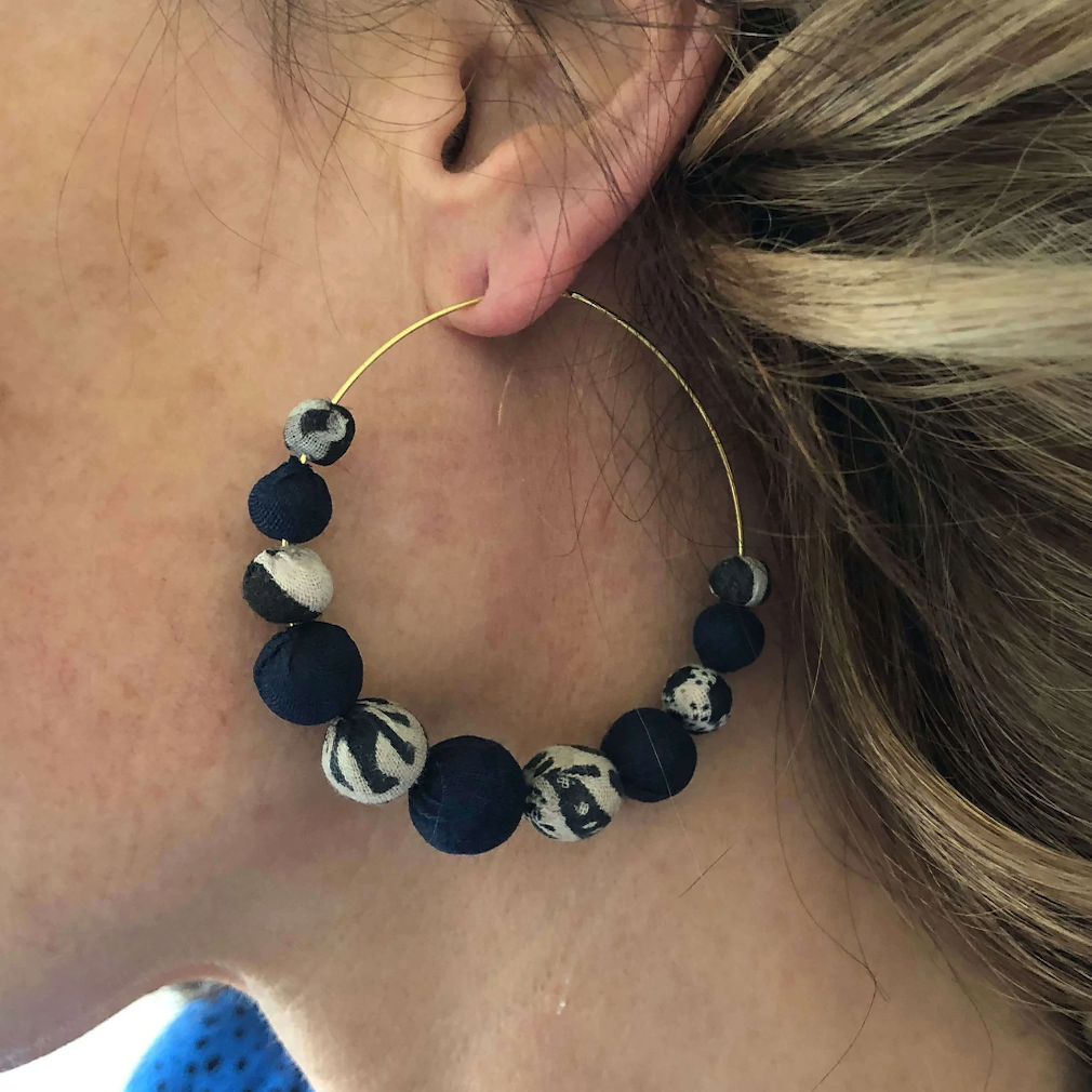Graduated Hoop Kantha Earrings - Indigo