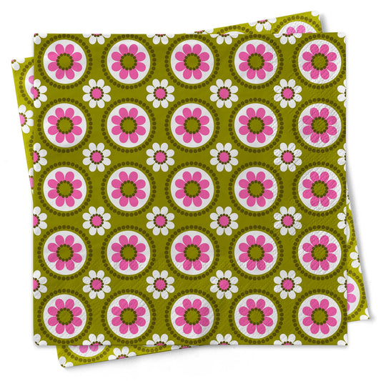 Retro Floral Pink Green Cocktail Napkins