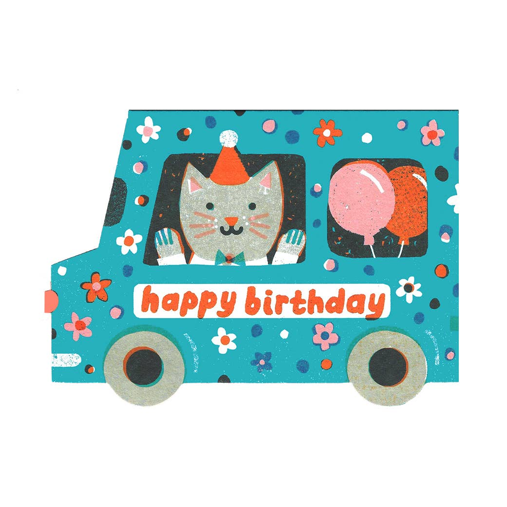 Happy Birthday Cat in Van Card