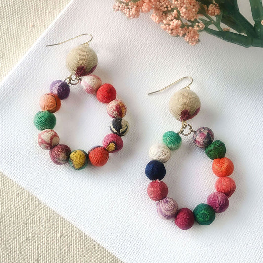 Dangling Hoop Kantha Earrings - Multicolor