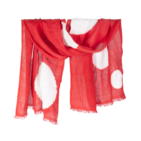 Shibori Circle Linen Scarf - White on Red